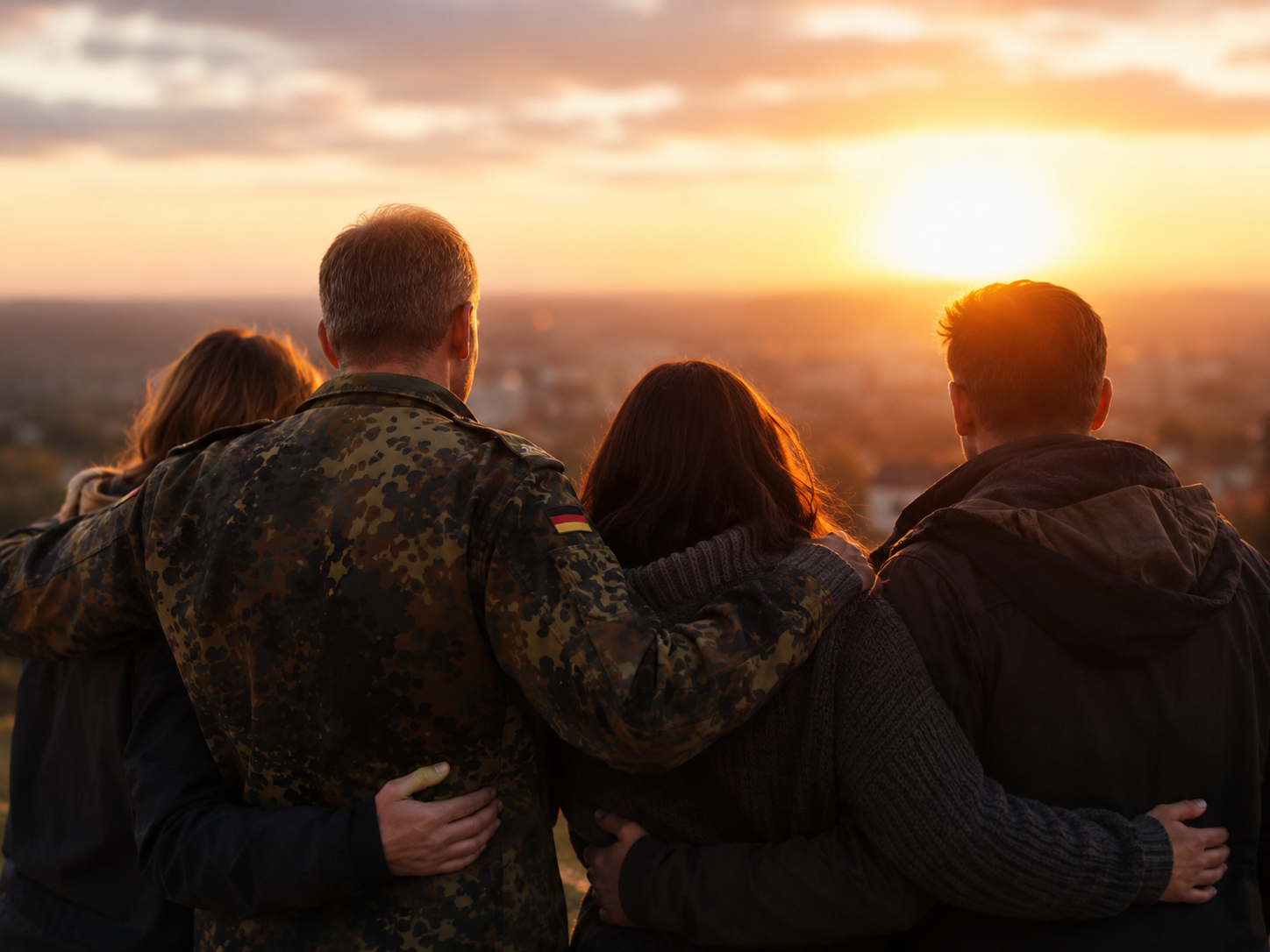 Soldat oder Soldatin in Bundeswehr-Flecktarn mit Angehörigen als Zeichen für Zusammenhalt